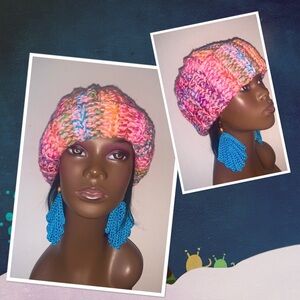 Crochet handmade fold brim hat adult unisex multi color pink base